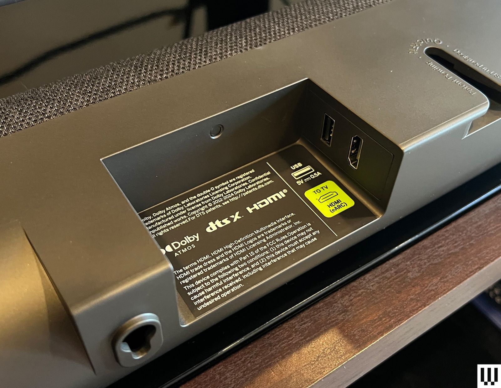 View of underneath the Vizio Elevate SE 5.1.2 Soundbar showing the HDMI and USB ports