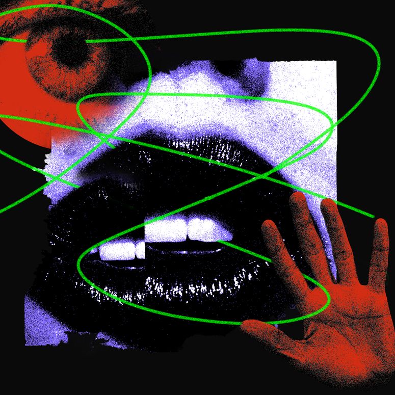 Un collage de fotografías que representa un ojo, una boca y una mano con colores y texturas superpuestos