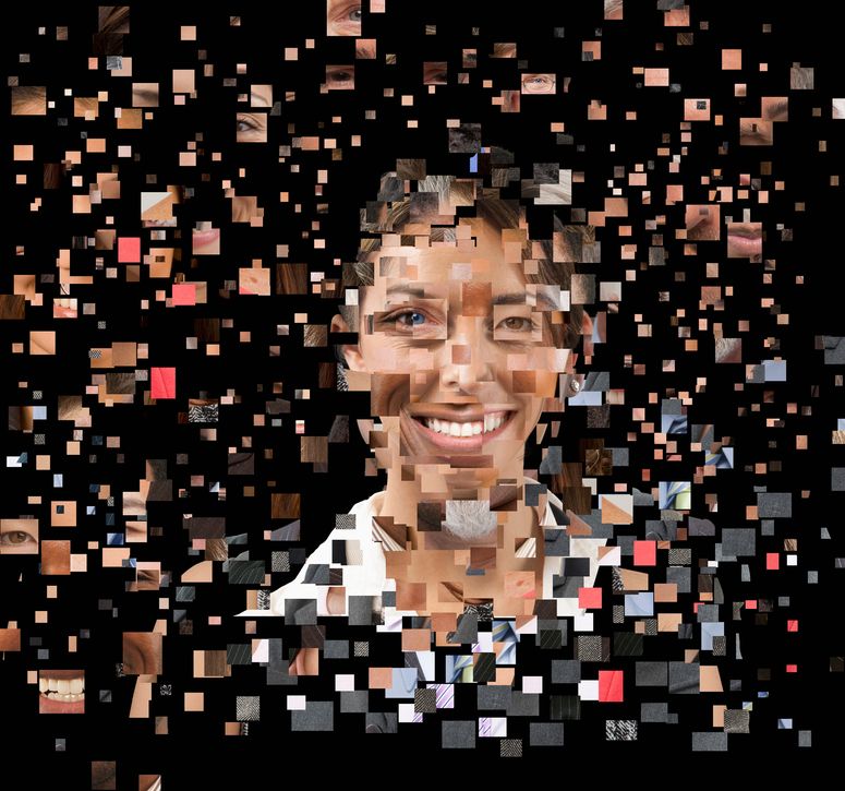 Collage de píxeles que forman un rostro humano