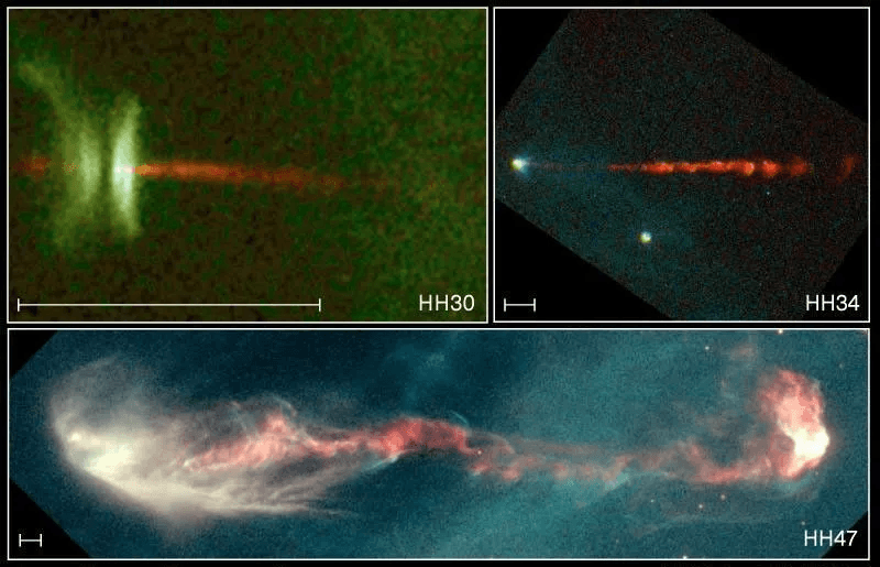 Imgenes de tres objetos HerbigHaro. Lo que se ve con un tono rojizo son los chorros de materia expulsados por estrellas...