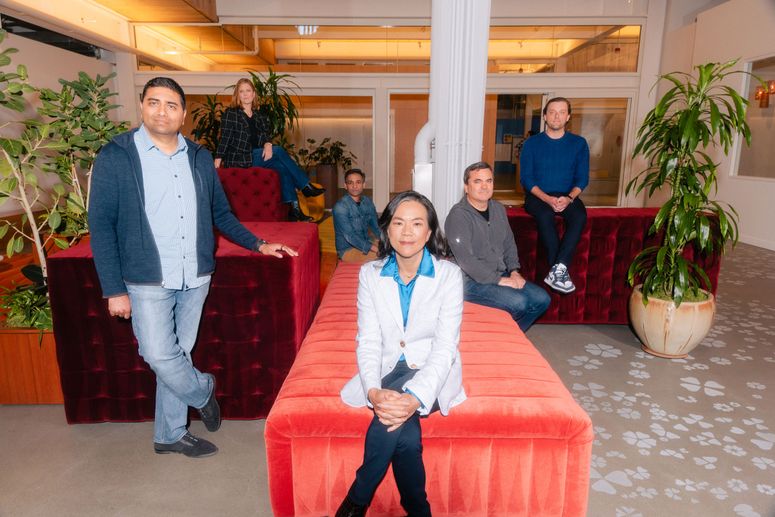 Google executive Sissie Hsiao (center) with some of the team that works on the company’s AI offerings (from left: Amar Subramanya, Jenny Blackburn, Suman Prasad, Trevor Strohman, and Jack Krawczyk)