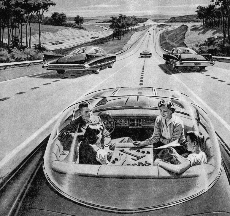 Imagen vintage de personas en un vehículo. 