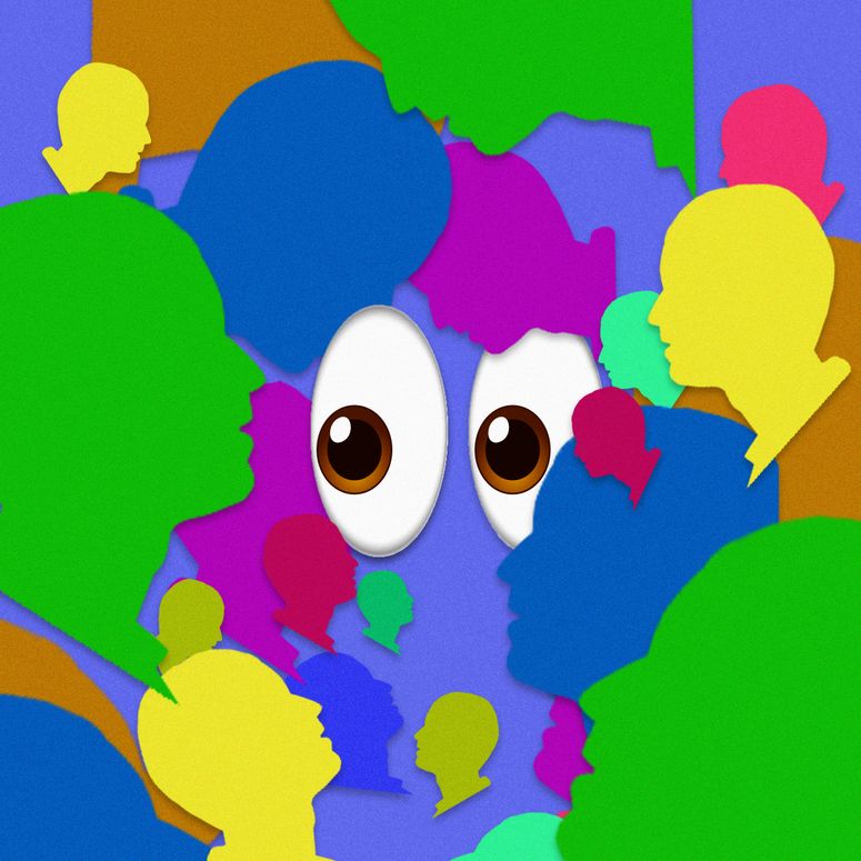 collage con siluetas en diferentes colores y un emoji de ojos.