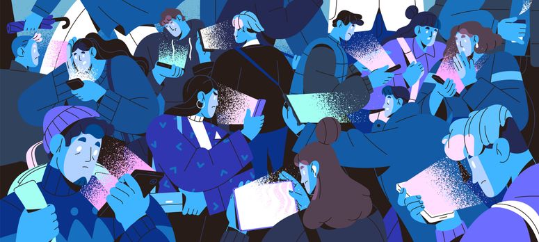 Ilustración muestra a usuarios de dispositivos electrónicos en actitud triste o molesta.