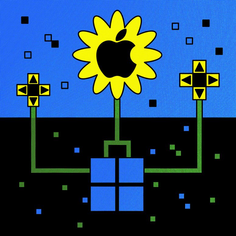 Ilustración de una flor de Apple que florece desde las raíces de Windows