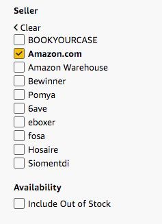 Parte de la barra de búsqueda de Amazon indicando que sólo se muestren los artículos vendidos por Amazon