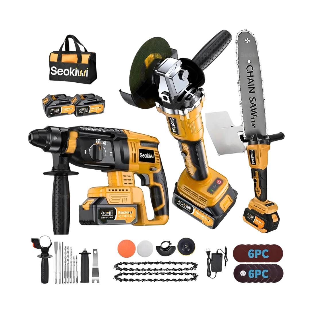 
Kit de taladro rotomartillo con esmeriladora y accesorios.