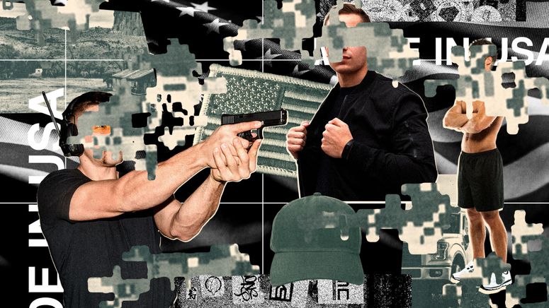 Collage de hombres blancos vestidos de negro, banderas estadounidenses, estampado de camuflaje militar y la frase 