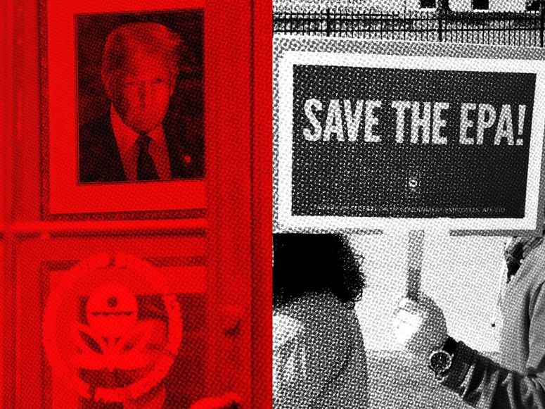 Donald Trump, marco de fotos, cartel de protesta y símbolo de la EPA.