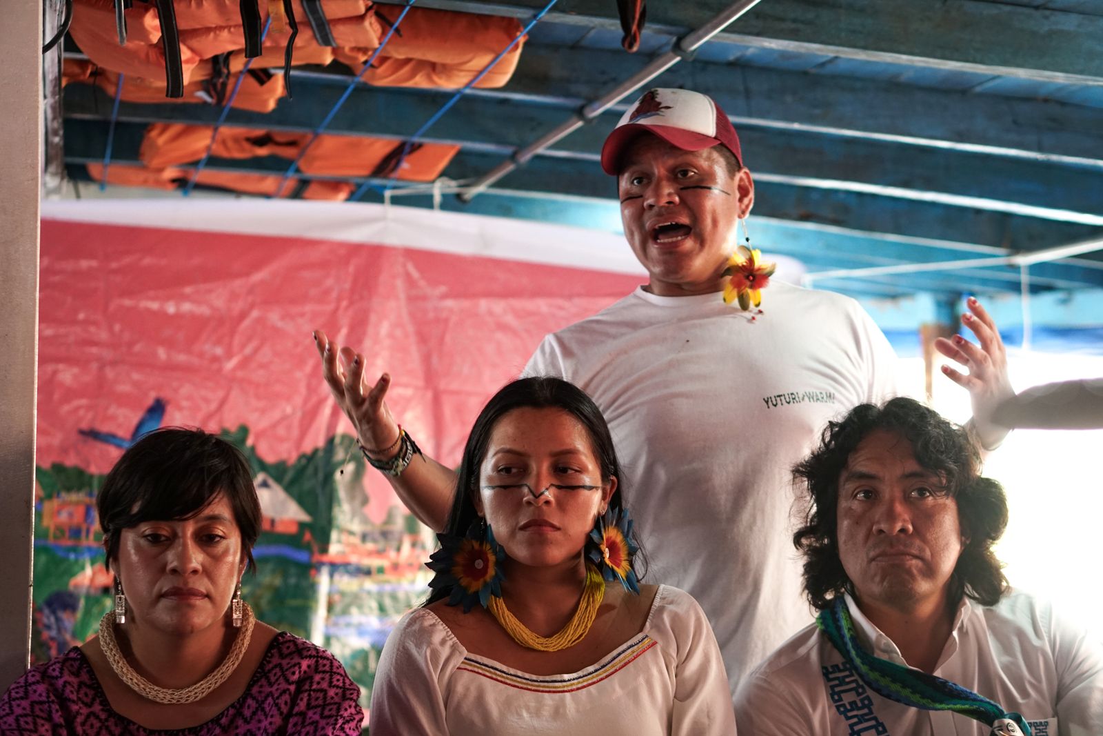 09 November 2025 Brazil Belm Indigenous activist Leo Cerda stands with other indigenous activists on board the ship...