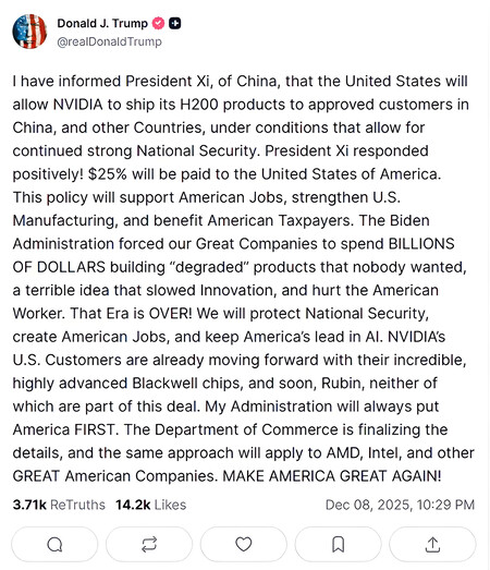 Trump Accepts China Exports Nvidia H200 Gpu X
