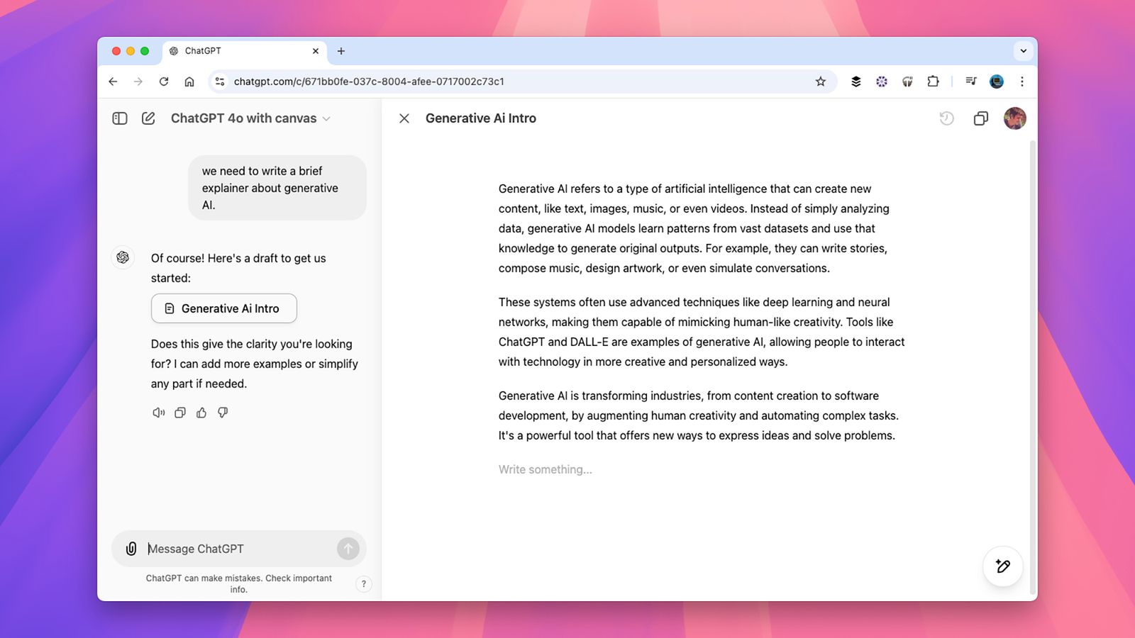 Imagen de la interfaz de ChatGPT Canvas en uso