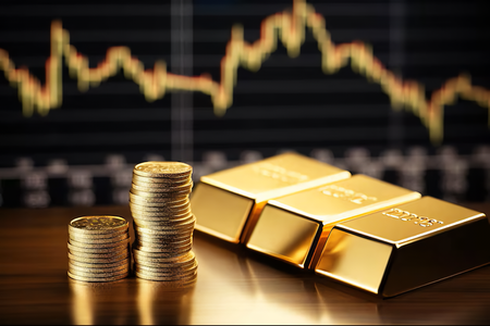 Gold Bars Stock Chart With Price Charts Golden Coins Stock Exchange Stock Market Active Trading Forex Crypto Analytics Cyber Graph Bitcoin Operations Sales Marke
