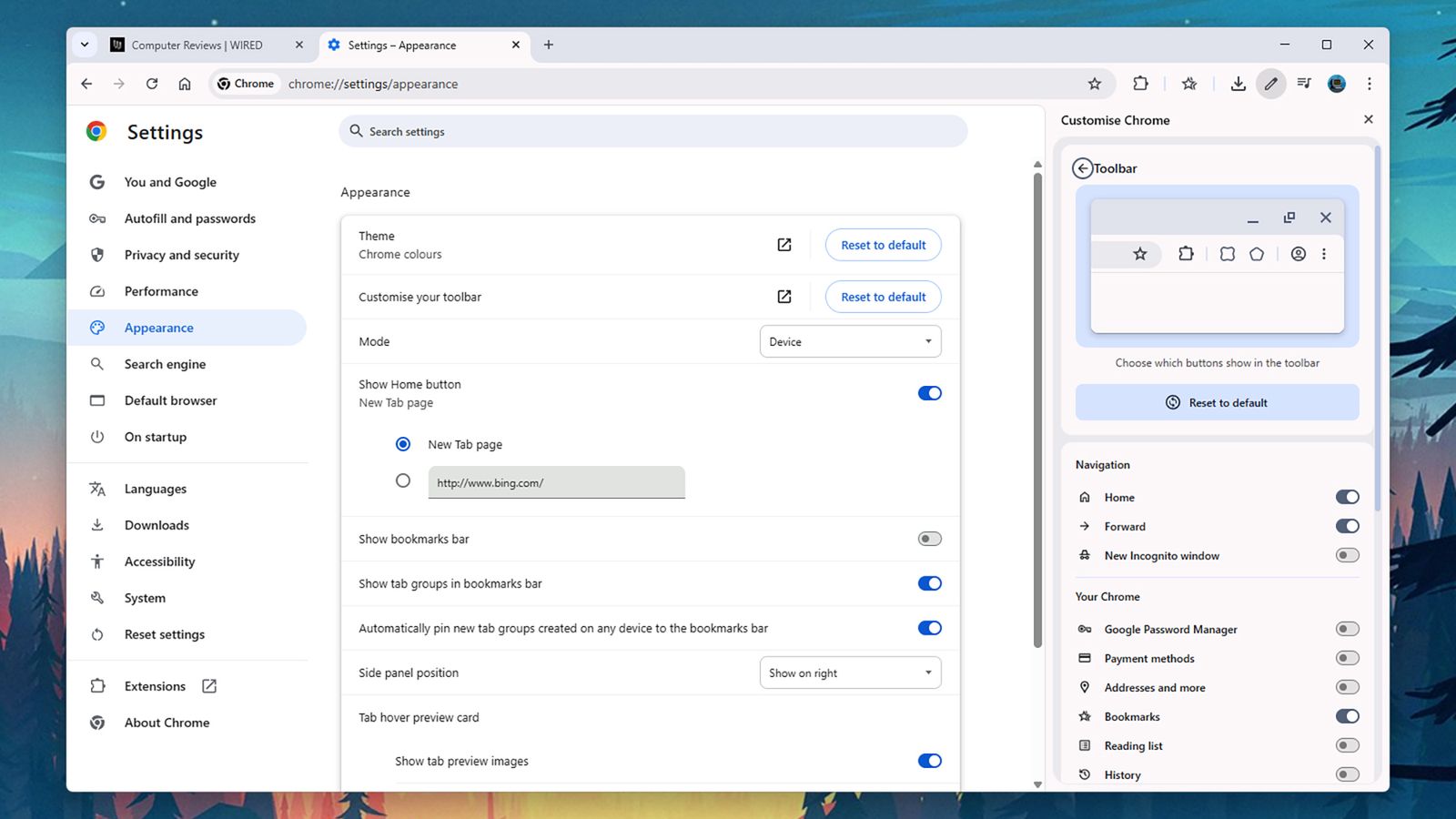 panel de personalización de la barra de herramientas