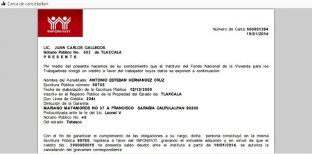 Carta instrucción de cancelación de hipoteca