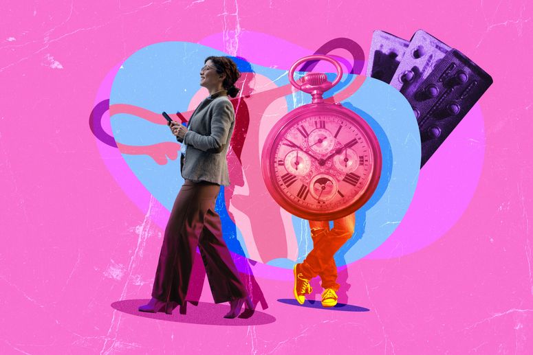 Collage de mujer, reloj, aparato reproductor y pastillas.