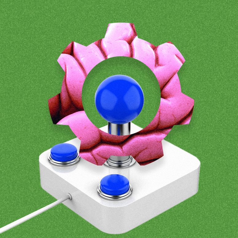 Una ilustración fotográfica de un joystick yuxtapuesto detrás de un engranaje que tiene una textura de cerebro. 