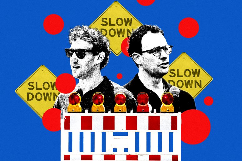 Ilustración fotográfica de Mark Zuckerberg y Dario Amodei rodeados de carteles en los que se lee 