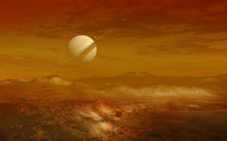 Imagen conceptual sobre cómo se vería Saturno desde la superficie de Titán, una de sus lunas.